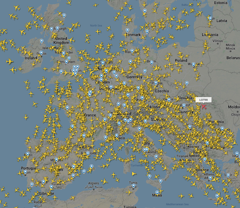 Map of Europe with all planes flying
