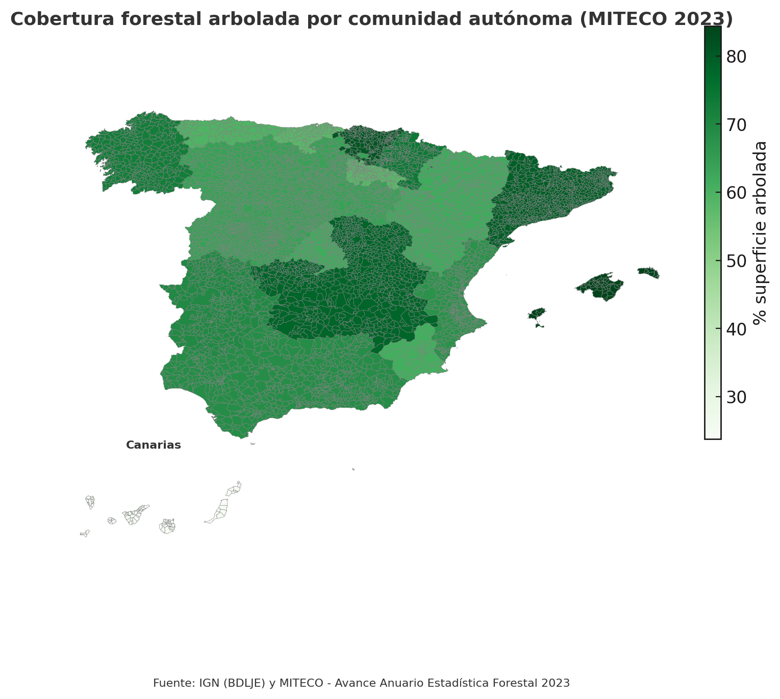 árboles en españa, mapa de las comunidades
