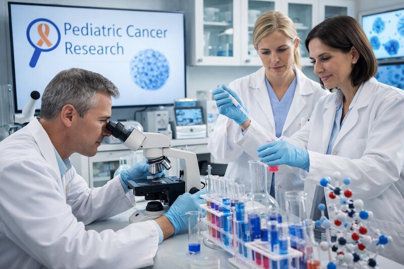 Un laboratorio de científicos investigan contra el cáncer infantil. IA